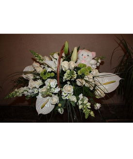 Una cesta muy atractiva que quedar bien en cualquier lugar, dando un toque de elegancia y frescor.
Adems puedes incluir un divertido peluche para el recin nacido.
La cesta incluye:<br>
- Anturios<br>
- Rosas<br>
- Lilium<br>
- Peluche opcional<br>